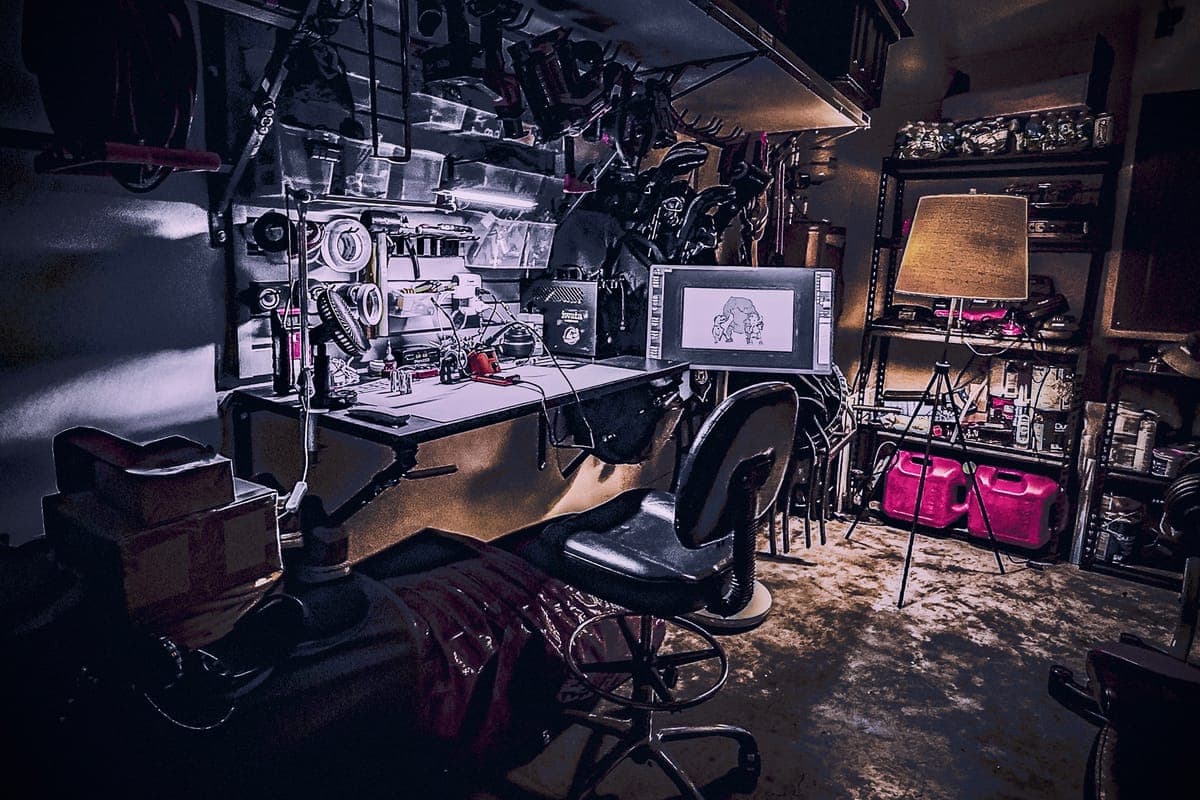 Garage workbench under task lighting with airbrush and soldering gear, a pen display, and packed shelves